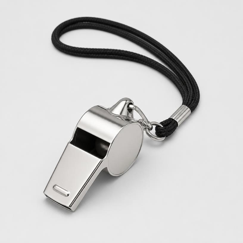 Silver metal whistle with black lanyard