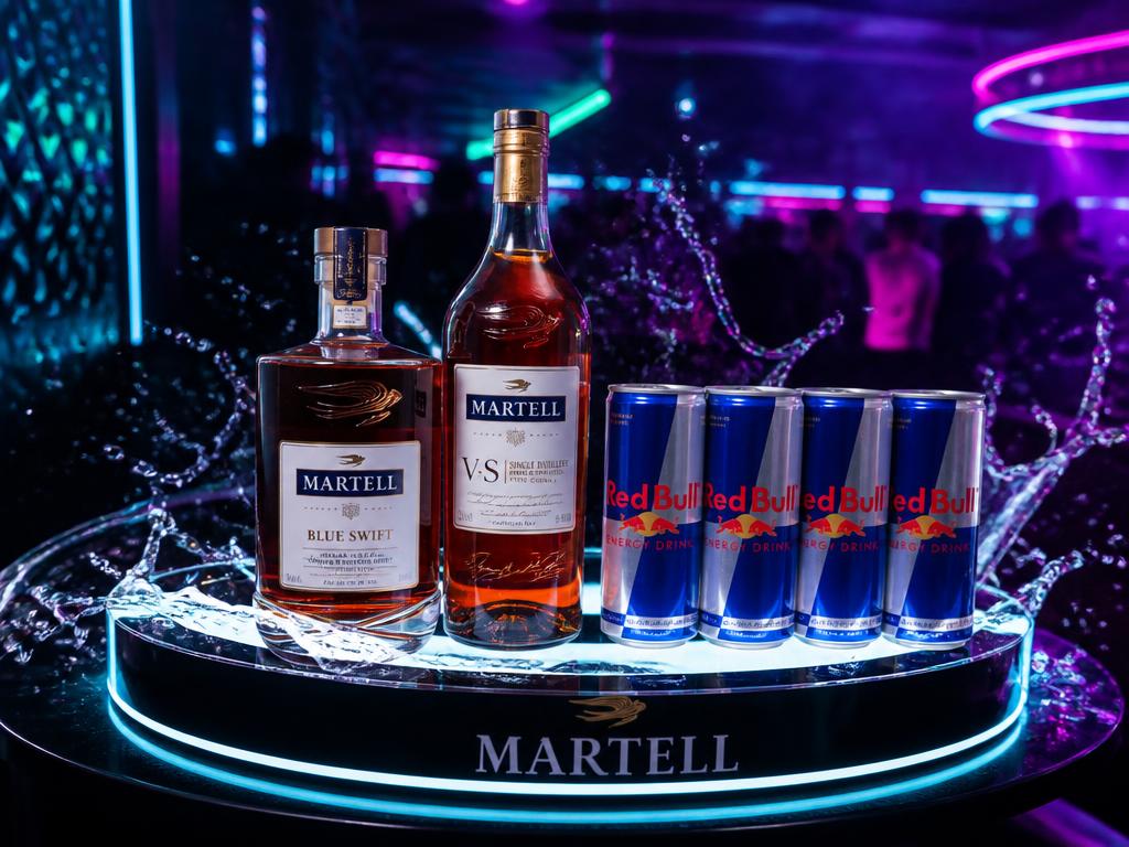 Table for 10 package with Martell Blue Swift, Martell VS and four Red Bull cans